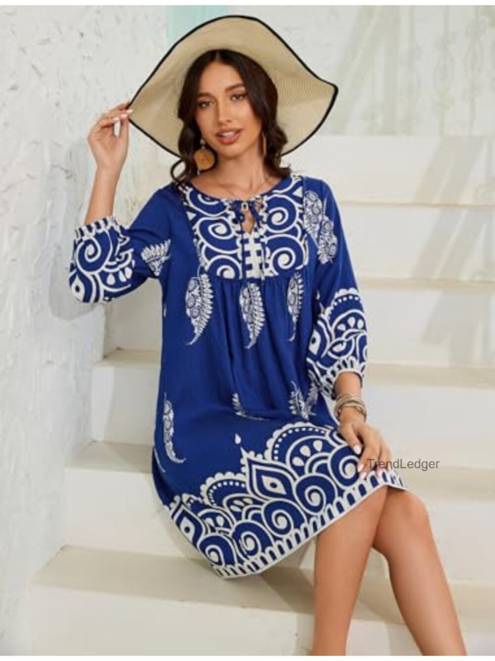 Womens Summer Casual Dress 3/4 Sleeve Boho Floral V Neck Flowy Sun Dress for - Picture 3 of 6